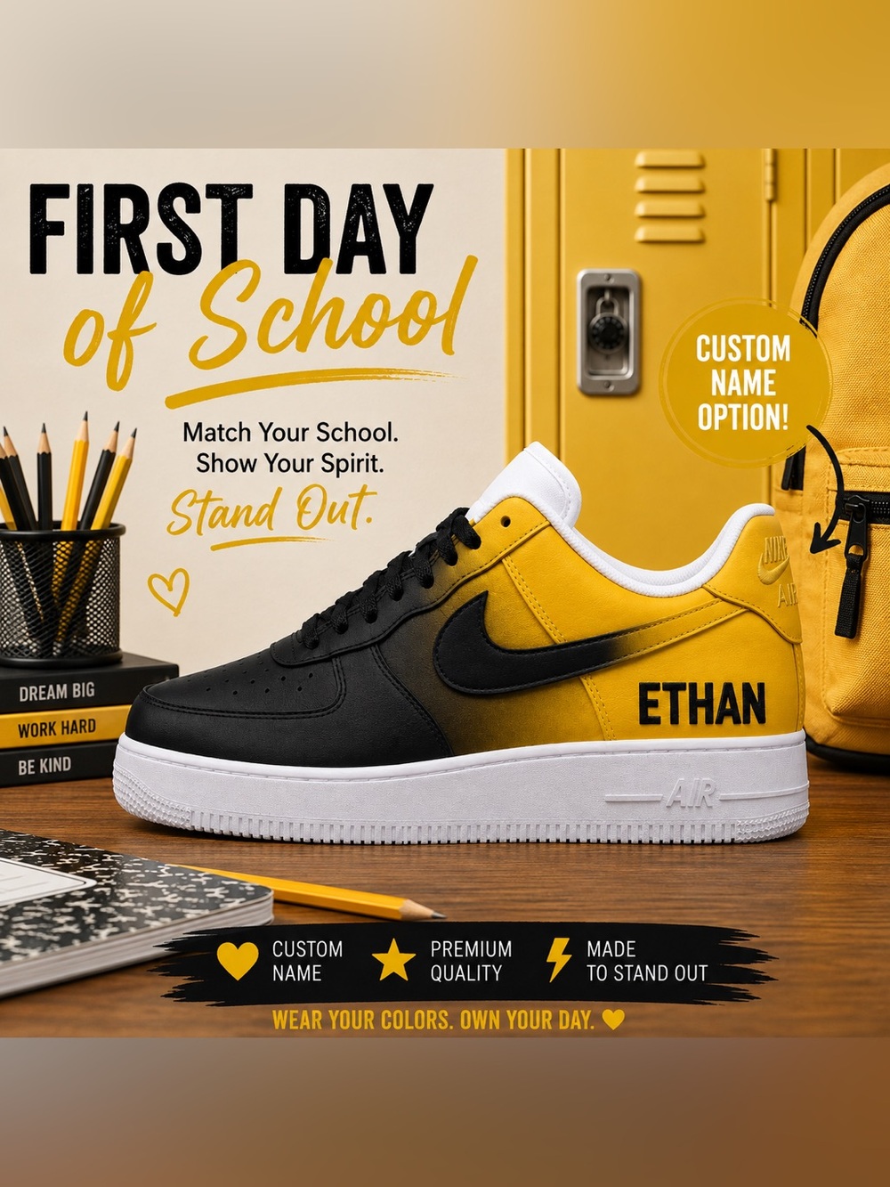 Custom School Spirit Nike Air Force 1 Shoes Personalized Back to School Sneakers
